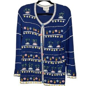 Vintage JUST B Berek Artsy Island Palm Tree Sequined Life Cardigan Sweater